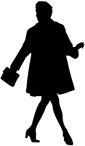 Lady with coat and purse in silhouette vinyl sticker. Customize on line. People 069-0518